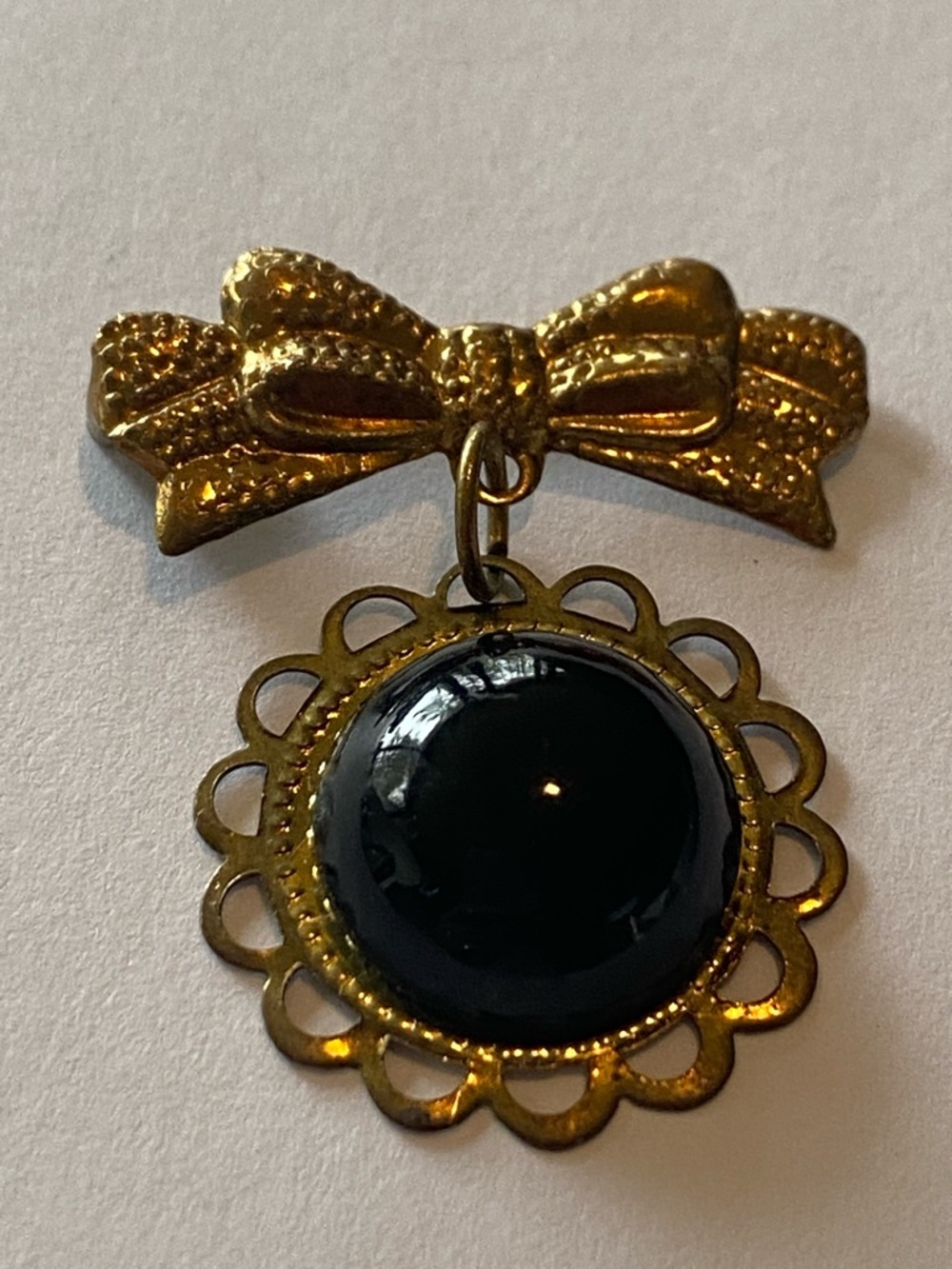 Vintage Gold Bow Brooch with Black Cabochon Drop